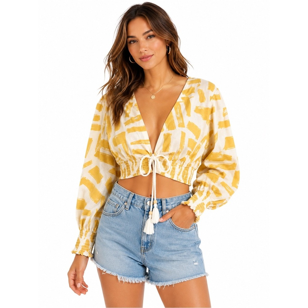 House of Harlow 1960 Yellow‎ Linen Blend Crop Top Smocked Tie Front Boho Medium